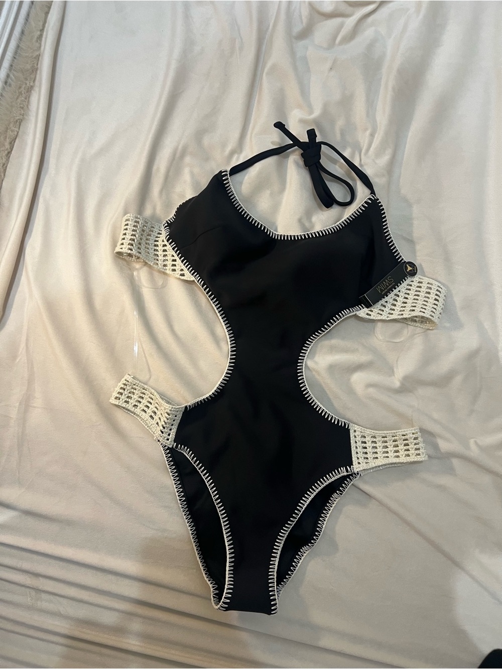 Victoria's Secret Black One-Piece Swim Bodysuit with Cream Crochet Panels